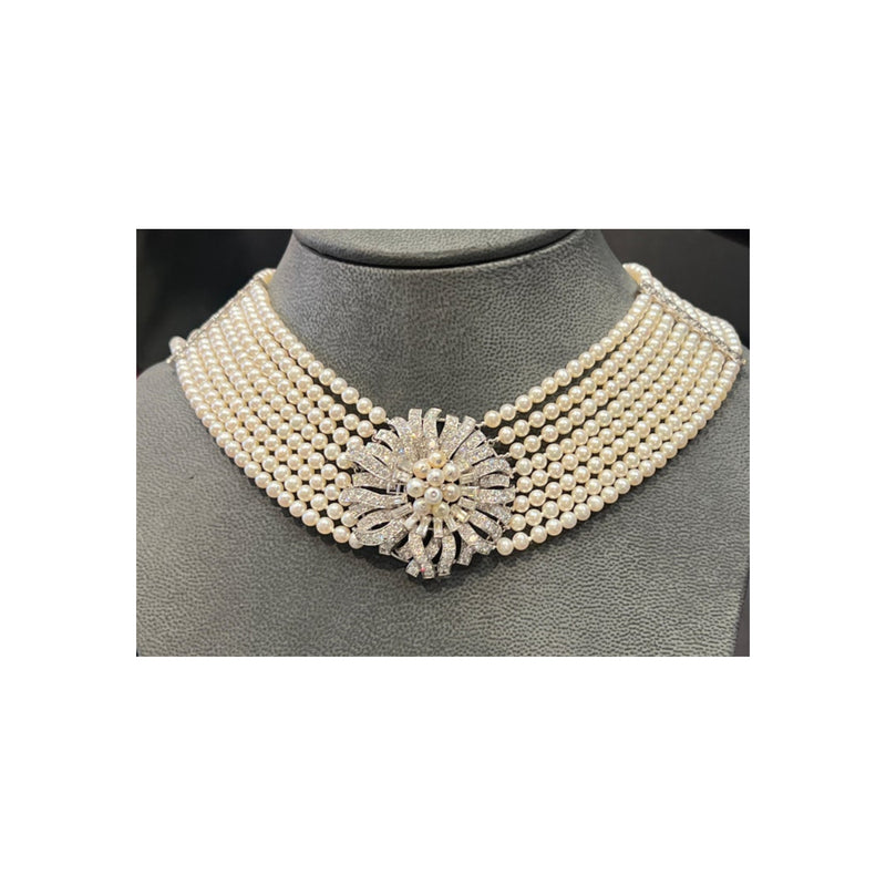 Multi Strand Pearl & Diamond Choker Necklace