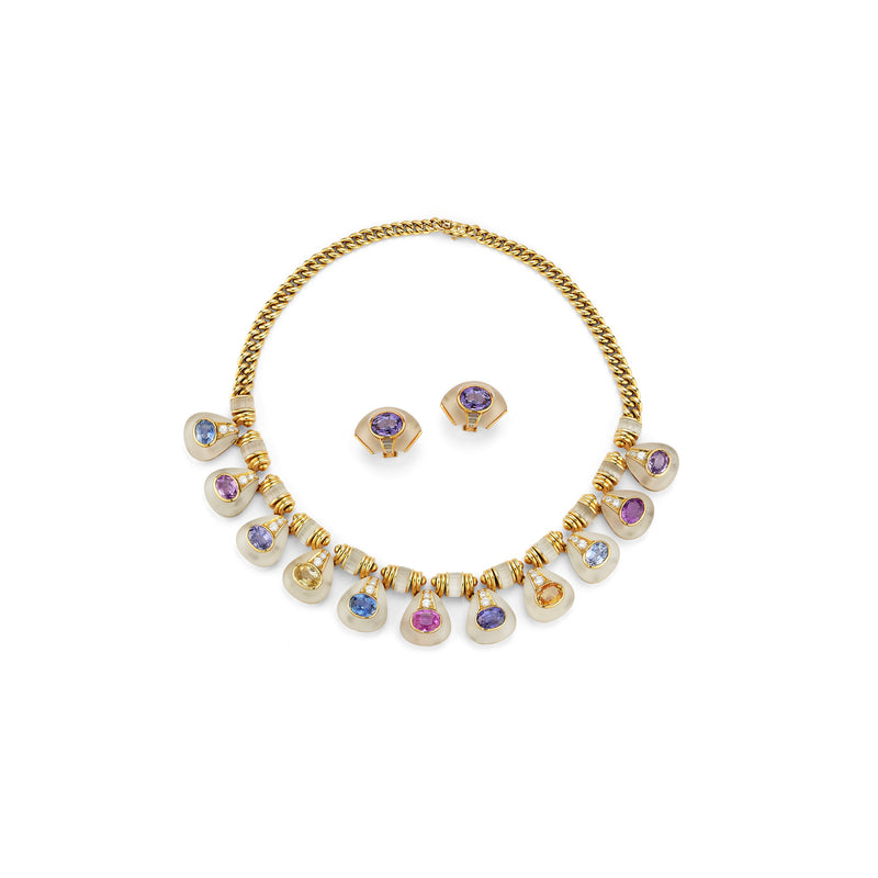 Bvlgari Multicolor Sapphire Gold Necklace and Earrings