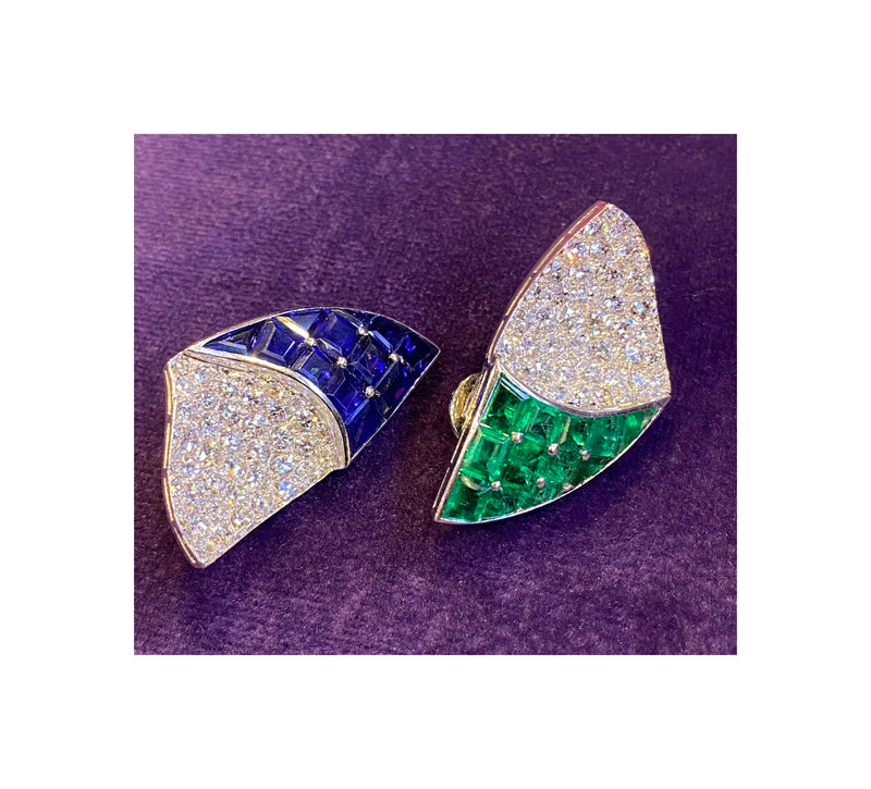 Paul Flato Emerald Sapphire & Diamond Bracelet & Earrings Set