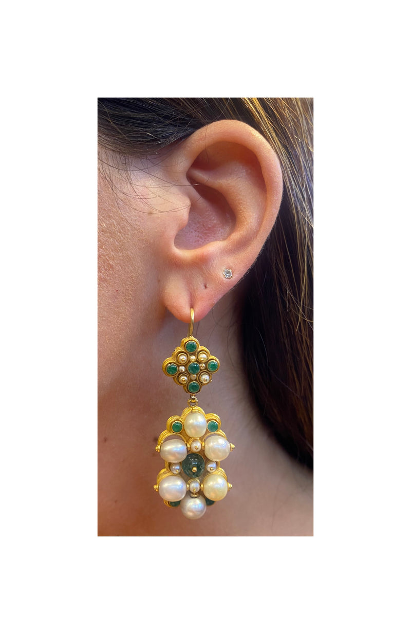 Antique Emerald Pearl and Enamel Brooch & Earrings Set