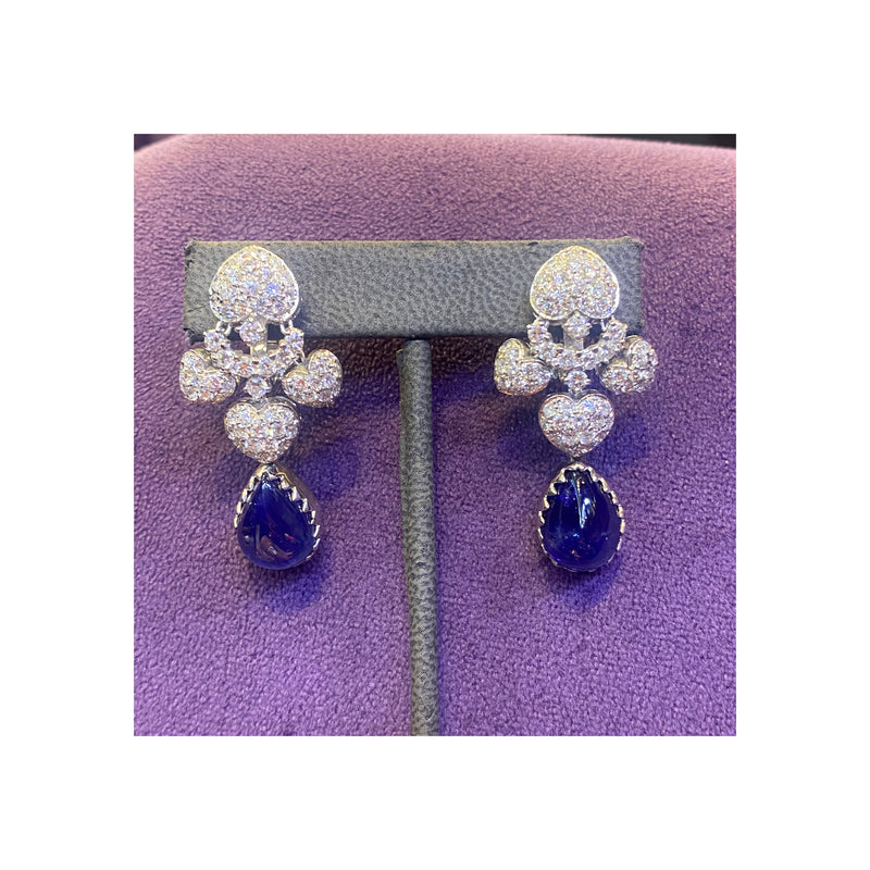 Pear Shape Cabochon Sapphire and Diamond Earrings