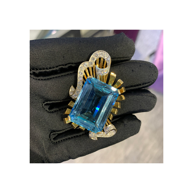 Retro Aquamarine & Diamond Brooch