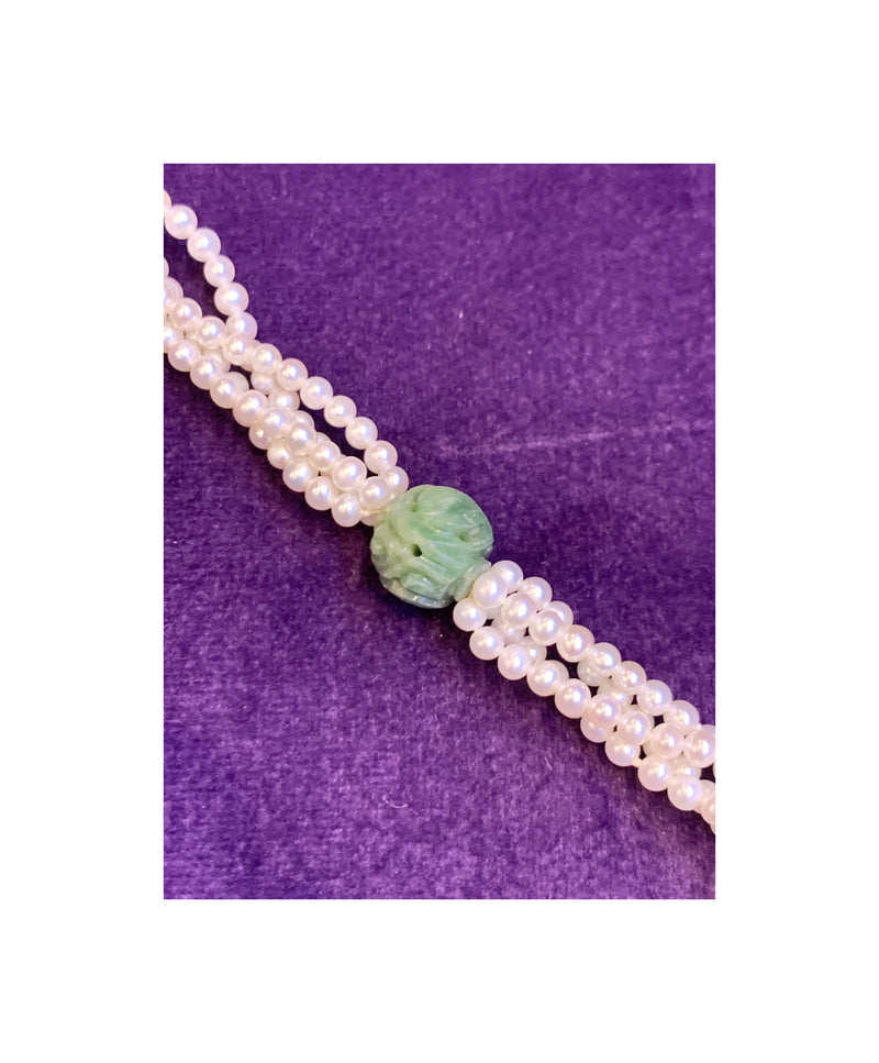 Carved Jade and Pearl Tassel Necklace