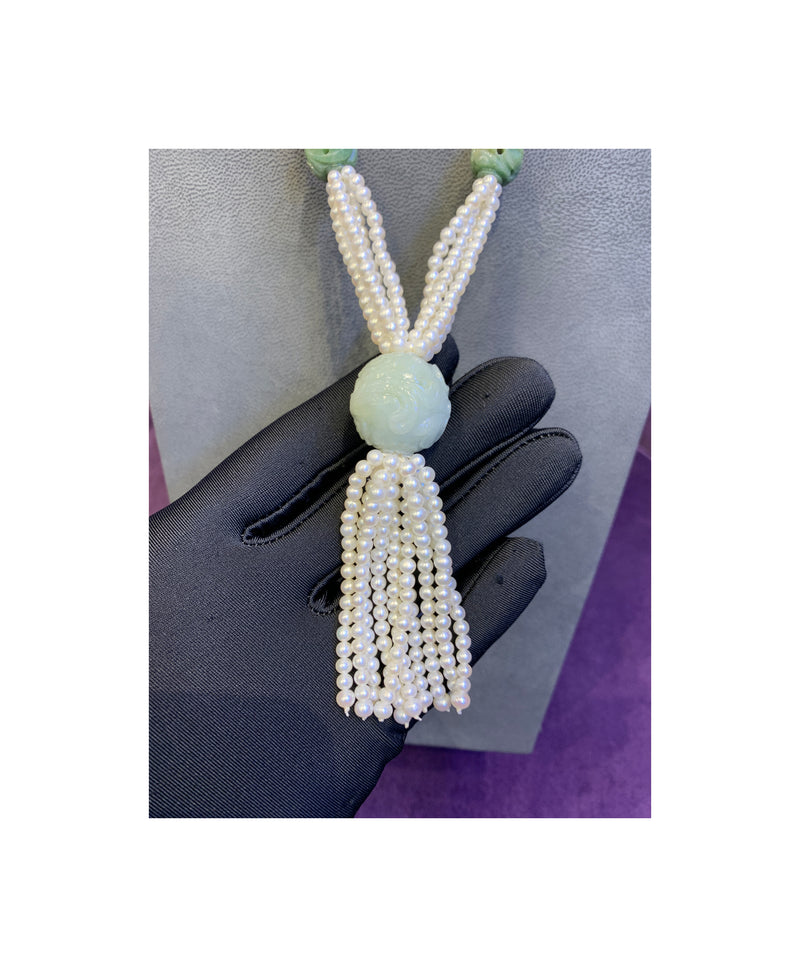 Carved Jade and Pearl Tassel Necklace