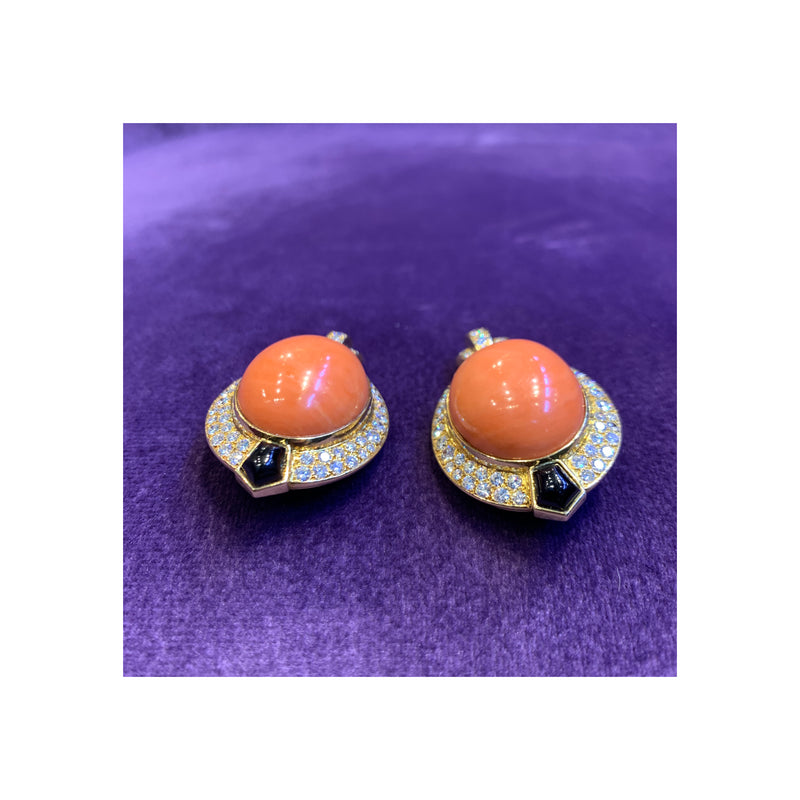 Cartier Egyptian Revival Coral Diamond & Onyx Earrings