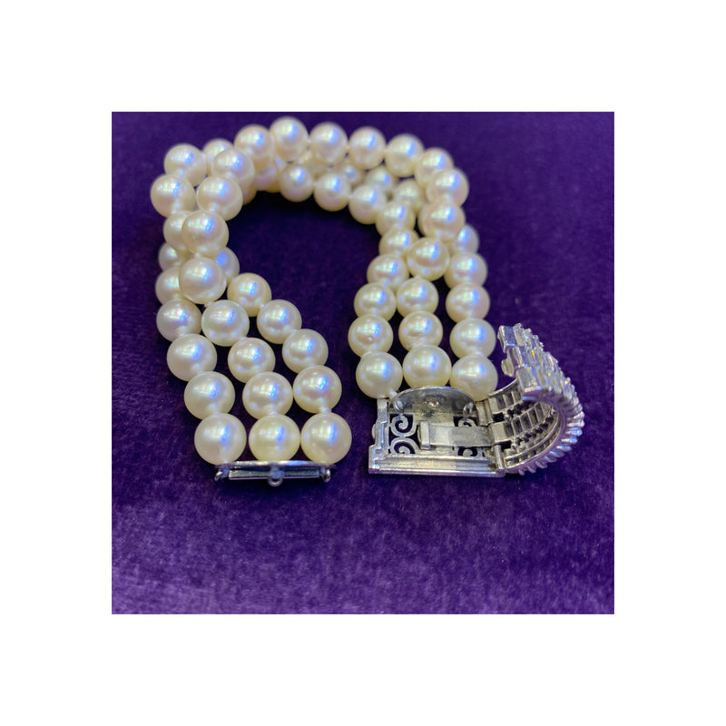 Three Strand Pearl & Diamond Bracelet