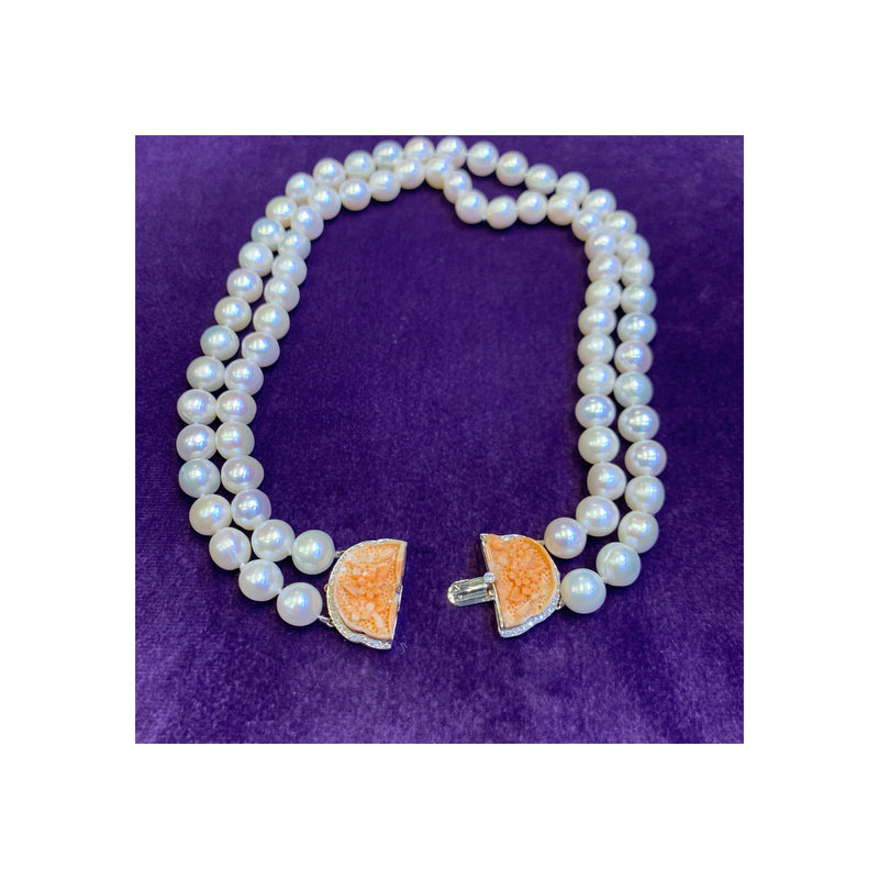 Two Strand Pearl & Carved Coral Necklace