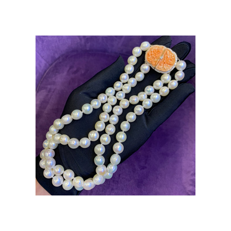 Two Strand Pearl & Carved Coral Necklace