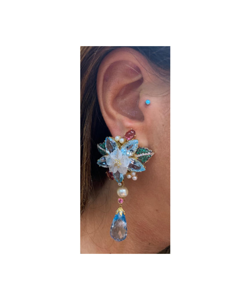 Topaz, Multi Gem and Diamond Flower Drop Earrings