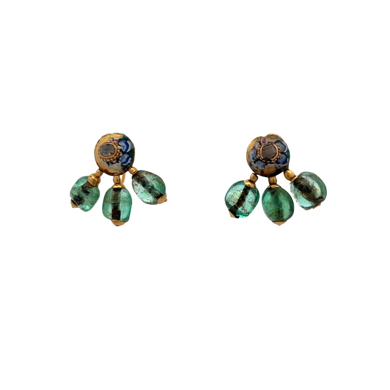 Antique Cabochon Emerald and Enamel Earrings