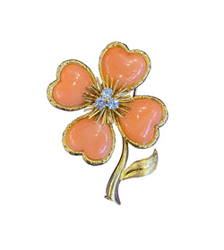 Iconic Van Cleef & Arpels Coral and Diamond Clover Brooch