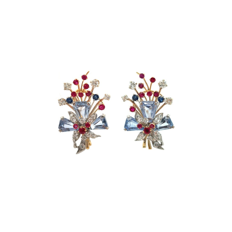 Tiffany & Co Multi Gem Flowers Earrings and Brooch Set