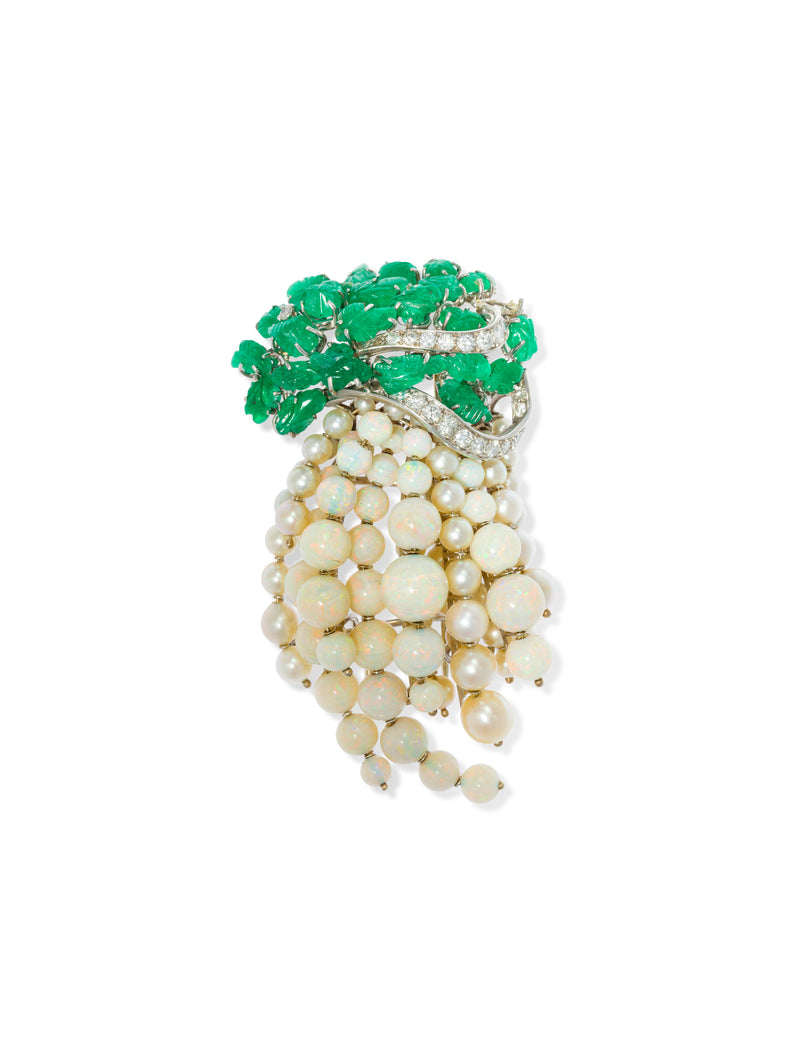 Pearl Opal and Emerald Brooch