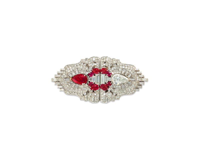 Art Deco Diamond & Ruby Double Clip Brooch
