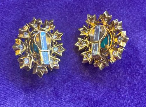 David Webb Cabochon Emerald Sapphire & Diamond Flower Earrings