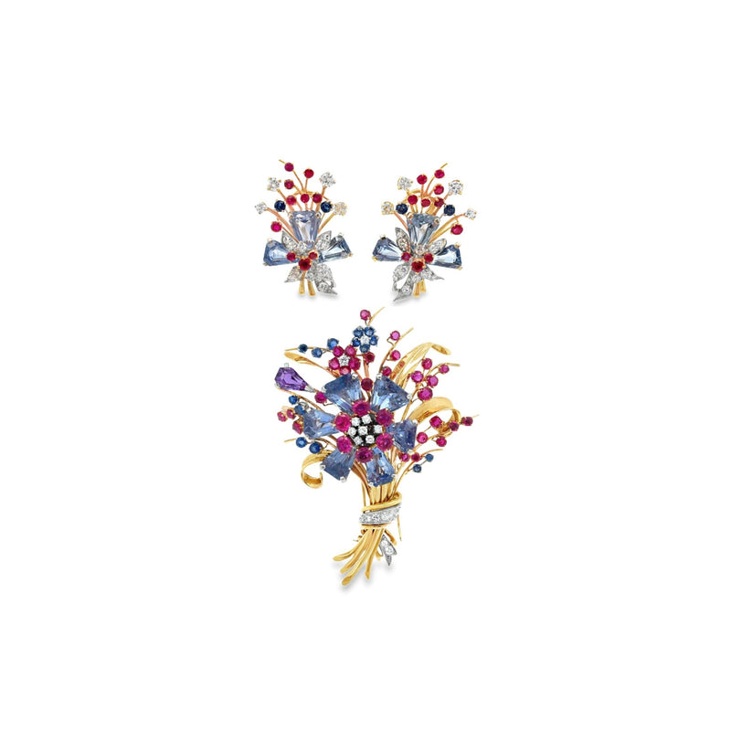 Tiffany & Co Multi Gem Flowers Earrings and Brooch Set