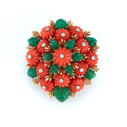 Carved Emerald and Coral Brooch by David Webb