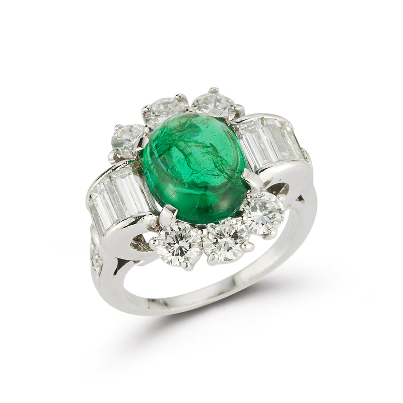 Art Deco Cabochon Emerald & Diamond Ring