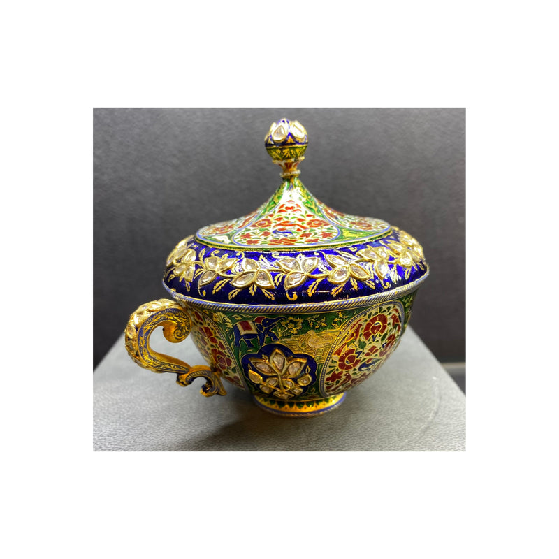 Antique Mughal Indian Enamel and Diamond Cup Saucer & Spoon Set