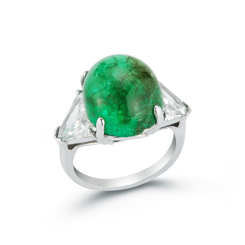 Cabochon Colombian Emerald and Diamond Three-Stone Ring