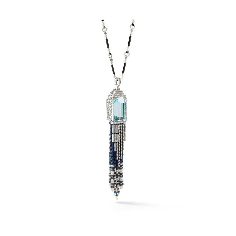 118 Carat Aquamarine and Sapphire Tassel Sautoir Length Necklace