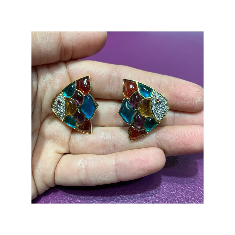 Multi Gem & Diamond Fish Earrings