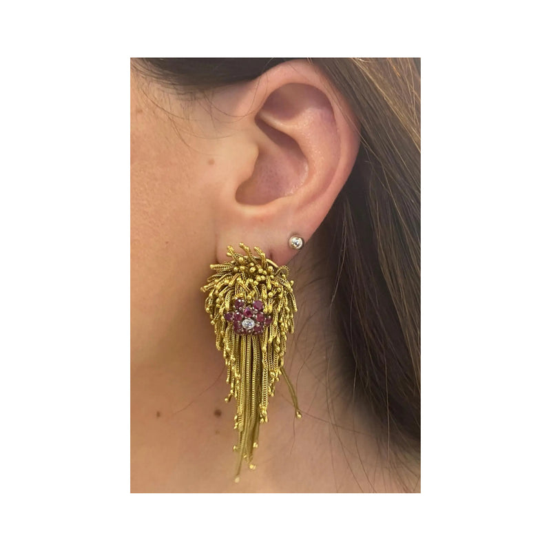 Ruby & Diamond Gold Fringe Earrings & Brooch Set