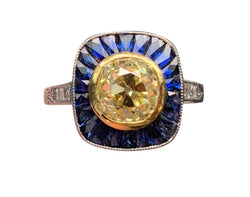 2.11 Carat Old Mine Cut Yellow Diamond Art Deco Style Ring