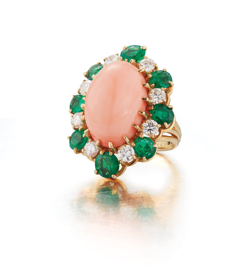 Van Cleef and Arpels Coral and Emerald Ring Earrings and Necklace Set