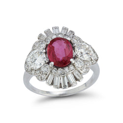 Art Deco Certified Oval Cut Ruby & Diamond Ring