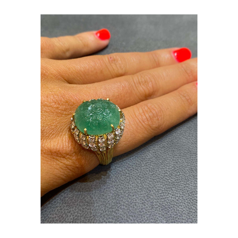 David Webb Carved Emerald & Diamond Cocktail Ring