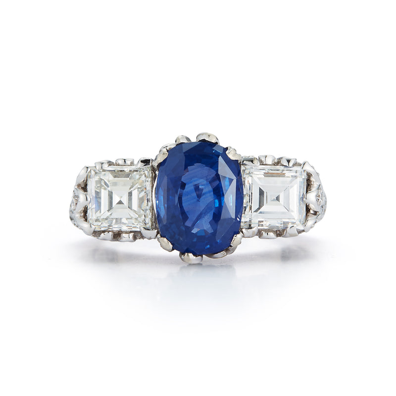 AGL Certified Sapphire and Diamond Three-Stone Art Deco Ring