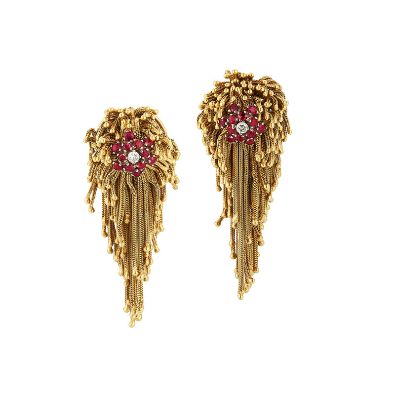 Ruby & Diamond Gold Fringe Earrings & Brooch Set