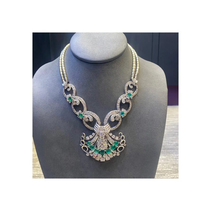 Mauboussin Art Deco Emerald & Diamond Pendant Necklace