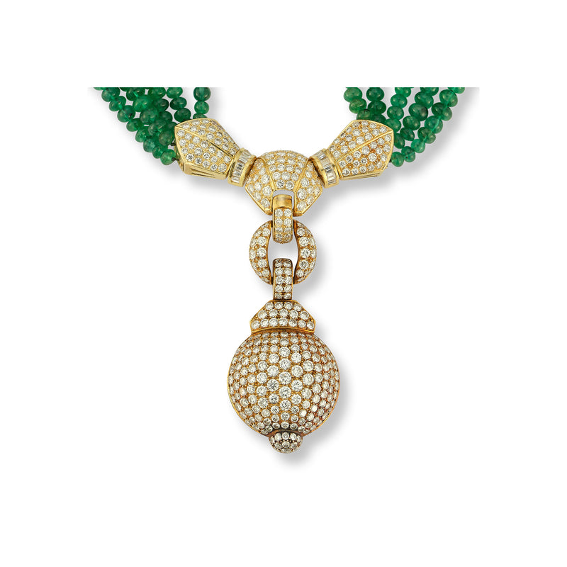 Diamond and Multi Strand Emerald Bead Necklace