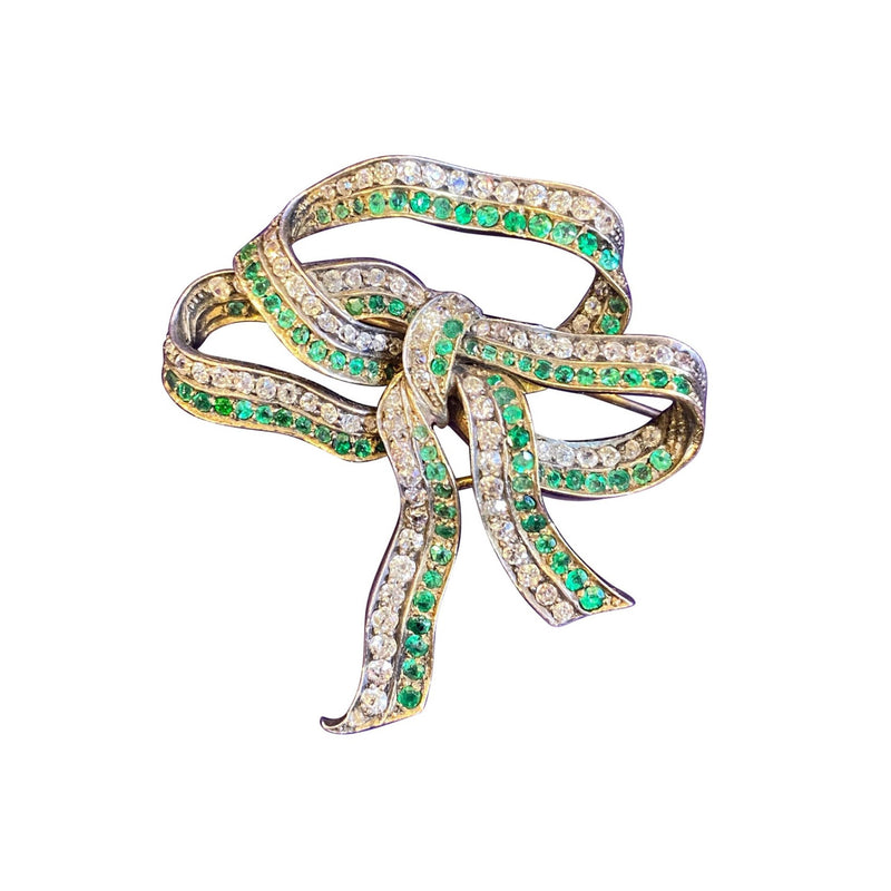 Antique Victorian Diamond & Emerald Bow Brooch