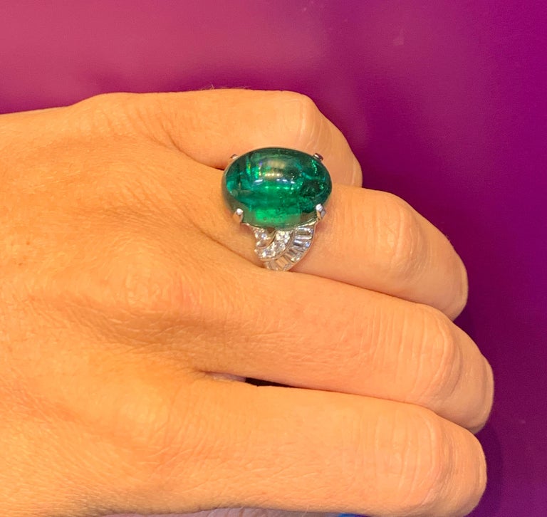 Art Deco Cabochon Emerald and Diamond Ring