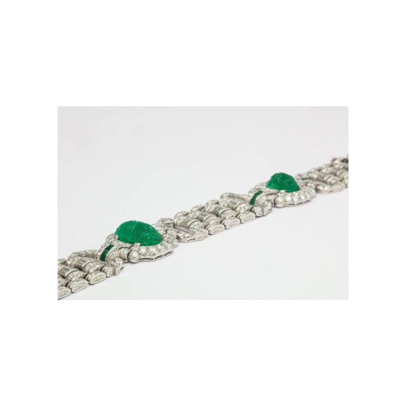 Art Deco Carved Emerald and Diamond Bracelet