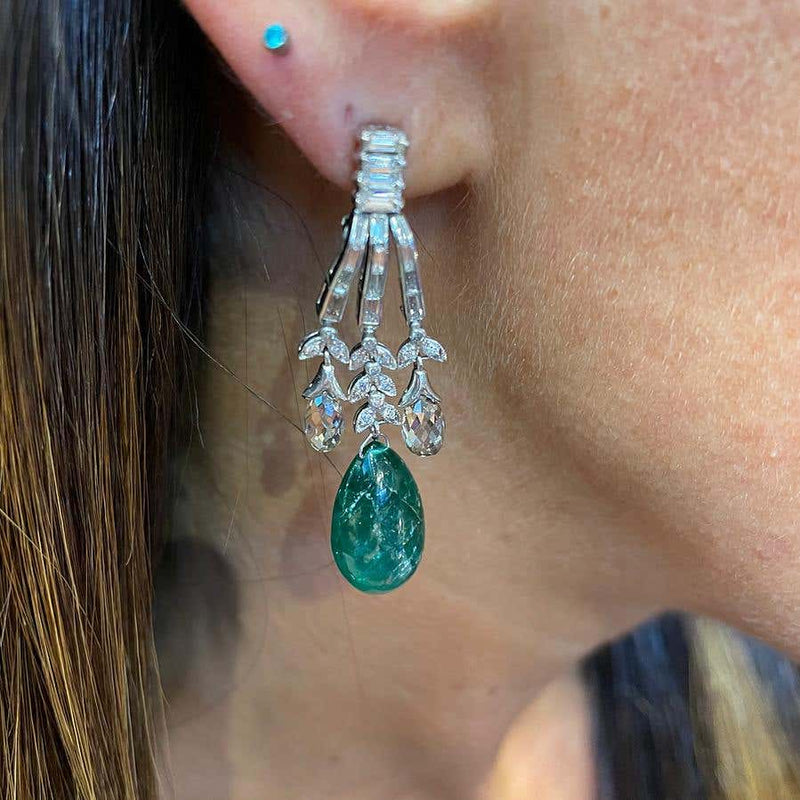 Cabochon Emerald & Briolette Diamond Chandelier Earrings