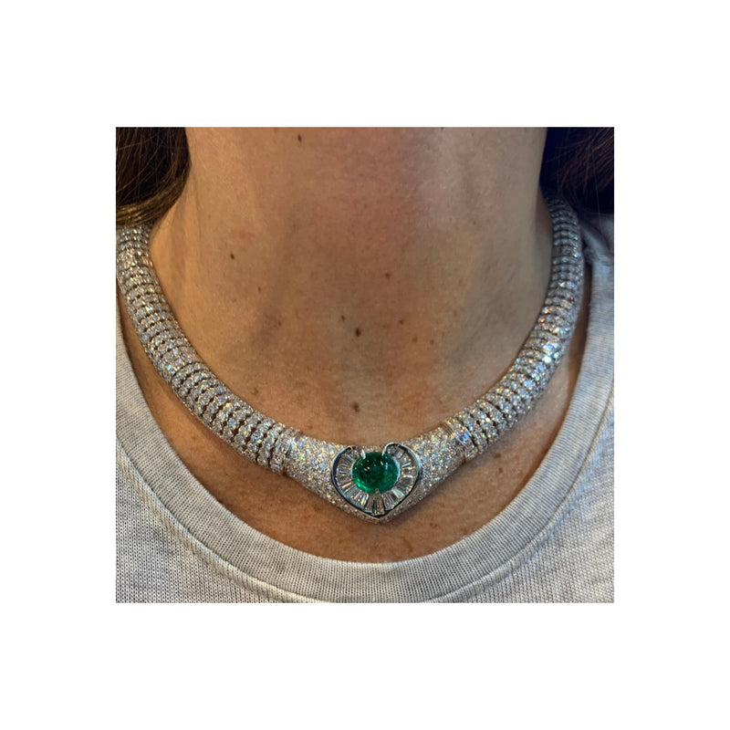 Certified Colombian Cabochon Emerald and Diamond Heart Shape Necklace