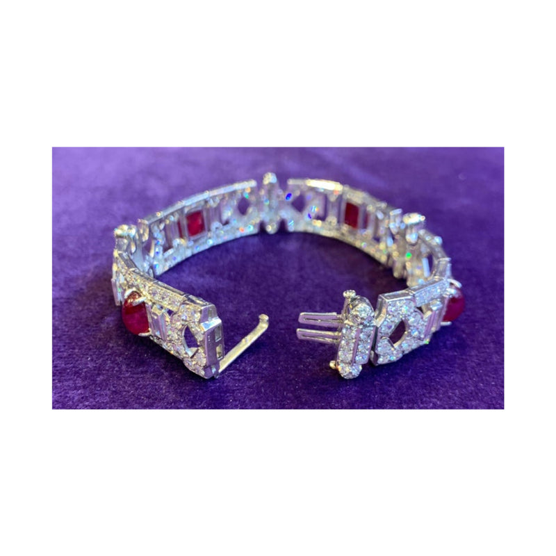 Certified Natural Cabochon Burmese Ruby and Diamond Art Deco Bracelet