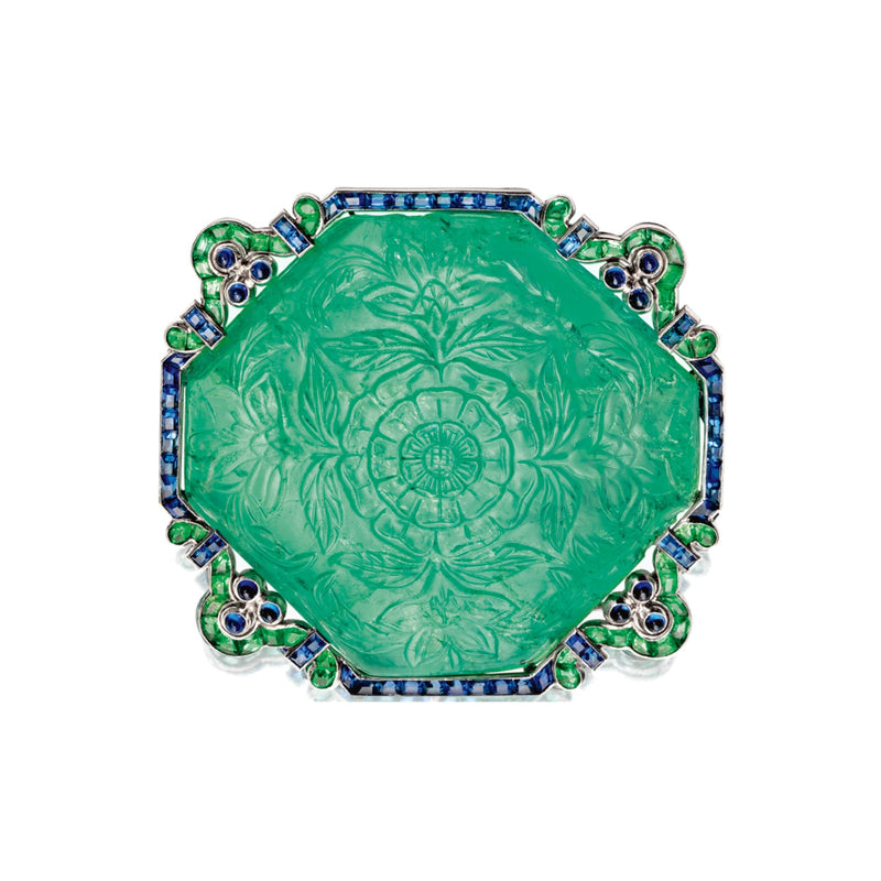 Cartier Art Deco Mughal Carved Emerald and Sapphire Brooch