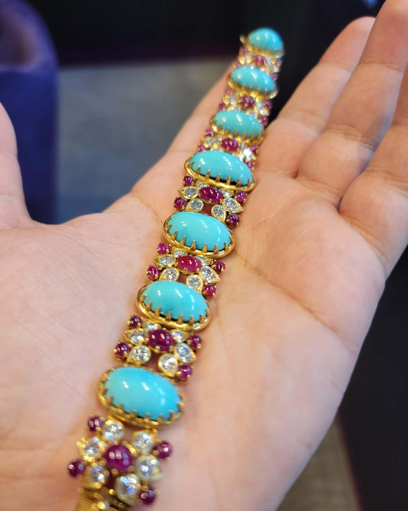 Indian Inspired Turquoise Diamond and Ruby Bracelet by Cartier