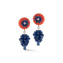 Carved Coral, Sapphire & Diamond Earrings by Carvin French