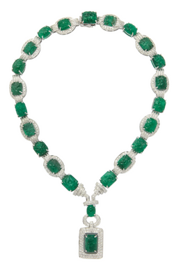 Carved Emerald and Diamond Necklace