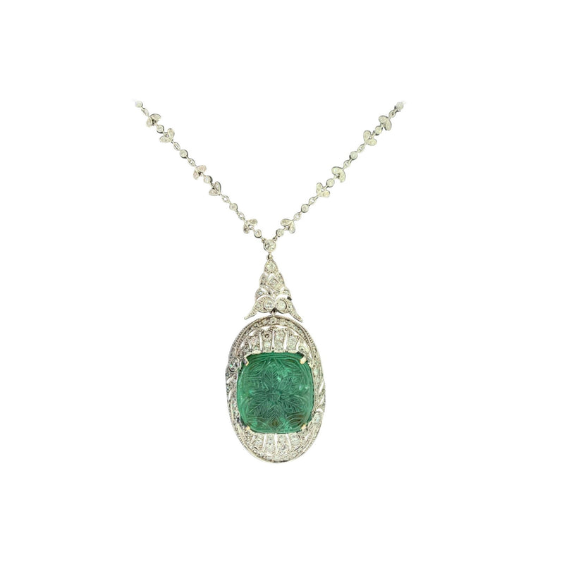 Art Deco Carved Emerald and Diamond Necklace