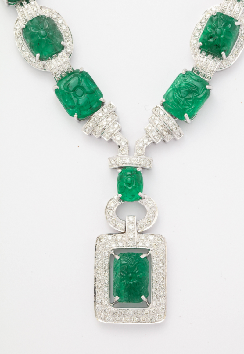 Carved Emerald and Diamond Necklace