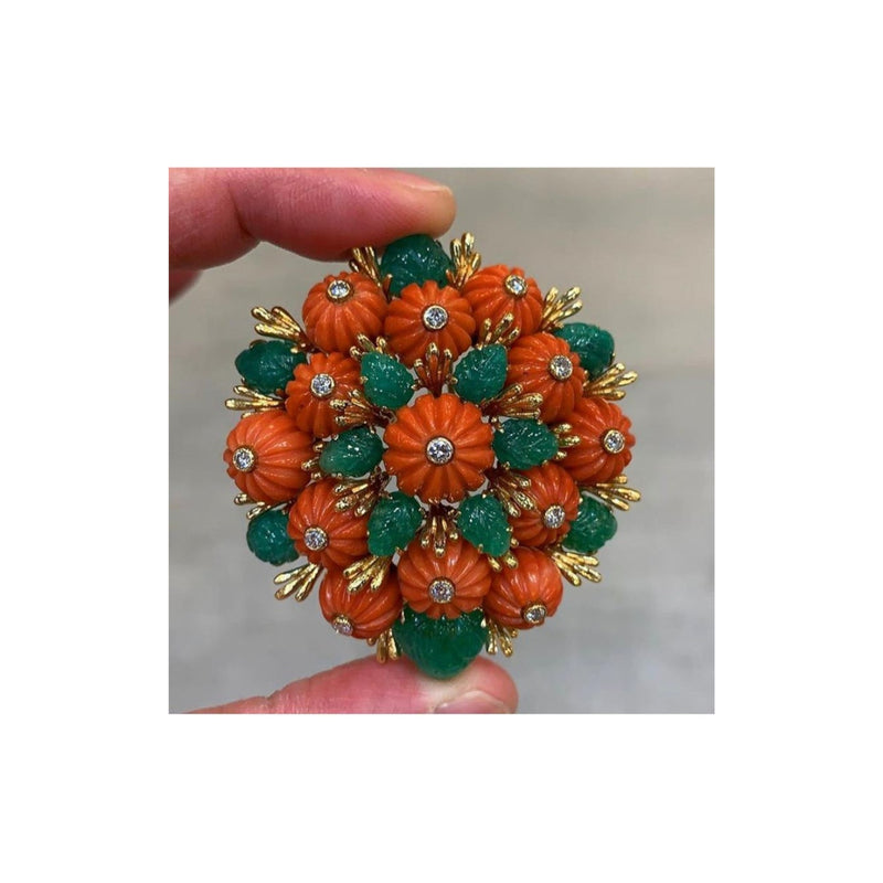 Carved Emerald and Coral Brooch by David Webb