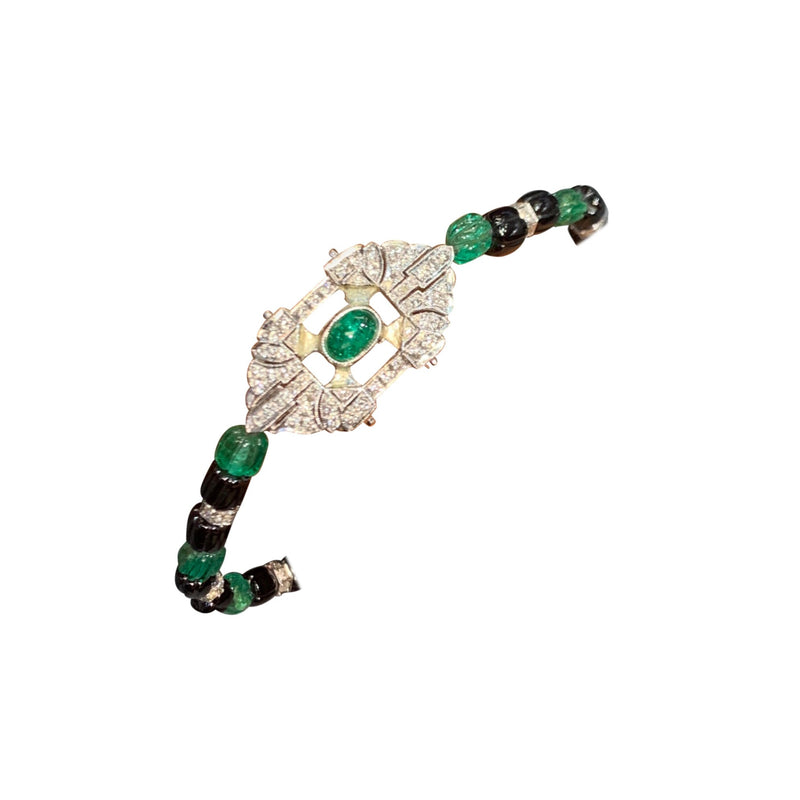 Carved Emerald and Diamond Art Deco Bracelet