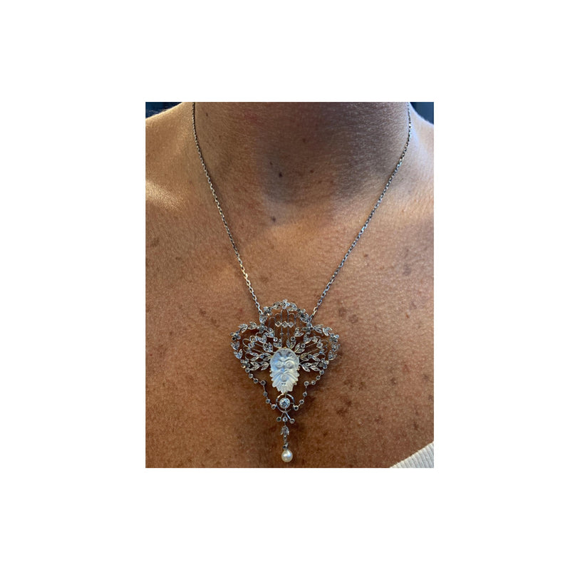 Carved Moon Stone Diamond Pendant Necklace